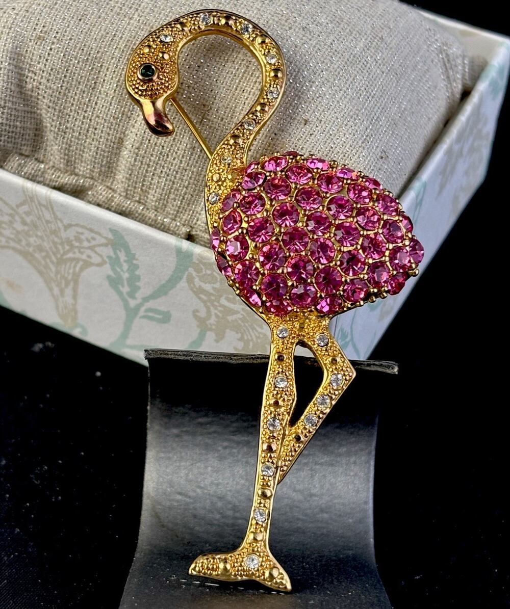 Vintage Pink Rhinestone Flamingo Brooch Pin Gold Tone Unsigned Bird Costume 3.5”